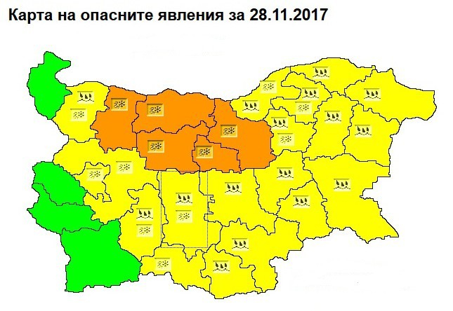НИМХ към БАН обяви опасно време днес в 24 области, в 5 от тях по-добре не излизайте от къщите (КАРТА)