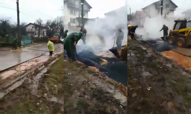 Така полагат асфалт в Годеч и хиляди левове потъват в калта