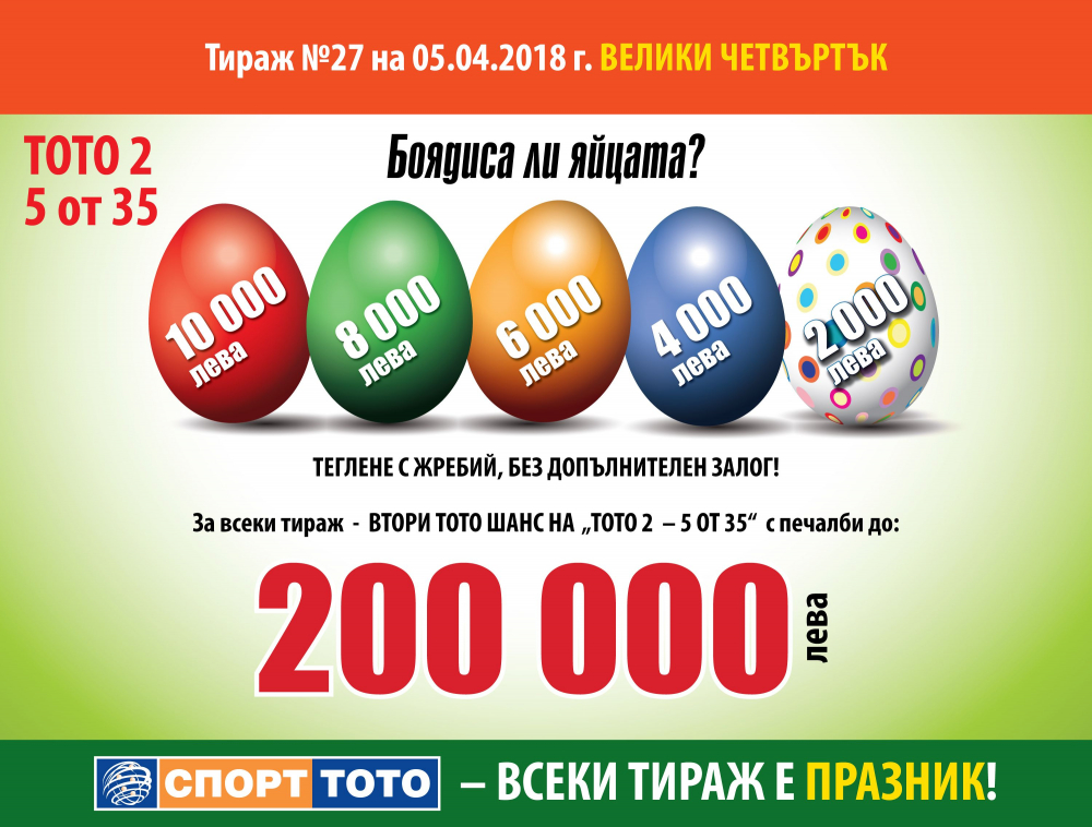 Великденски яйца с печалби раздават от Български спортен тотализатор на Велики четвъртък