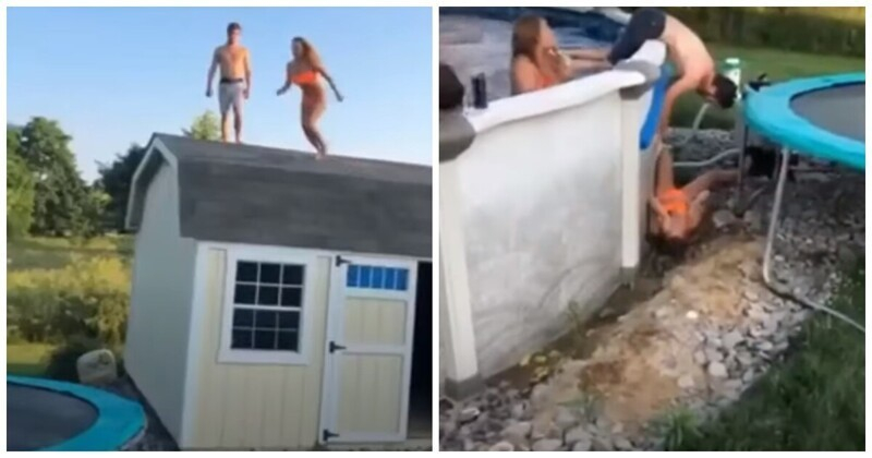 Момиче скочи в басейна през батут, но много скоро... ВИДЕО