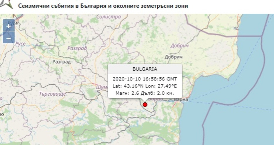 Земетресение край Варна КАРТА