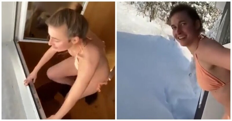 Зрелище: Момиче по бански скочи от втория етаж в снежна преспа ВИДЕО 
