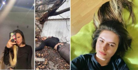 Скандални СНИМКИ 18+ разкриват как блогърката Анастасия играе ролята на труп от клането в Буча