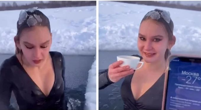Изумително ВИДЕО: Рускиня излезе от замръзнало езеро и пие кафе при -27 градуса
