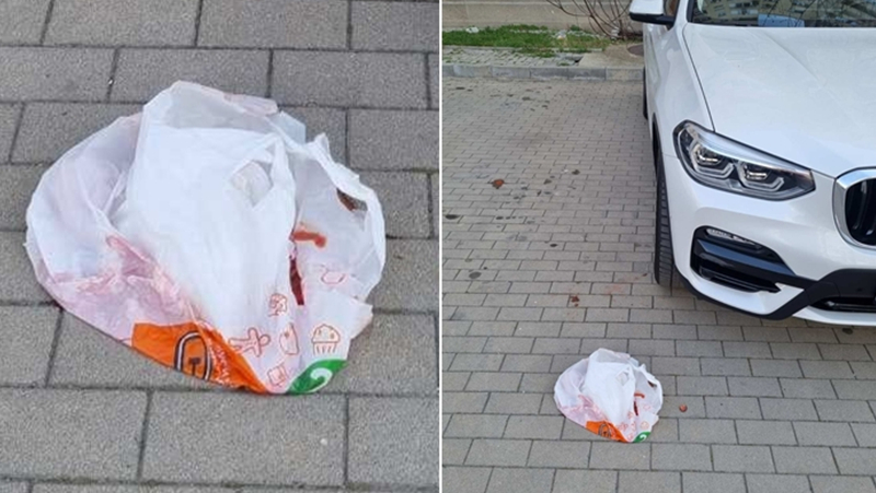 Плик, пълен с кокали и кръв полетя от прозорец и падна на сантиметри от кола СНИМКА