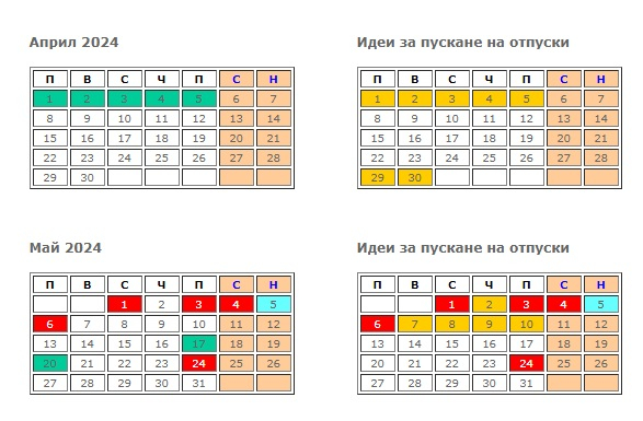 Дълга отпуска: ГРАФИК на почивните дни на 1 май, Великден и Гергьовден през 2024 г. 
