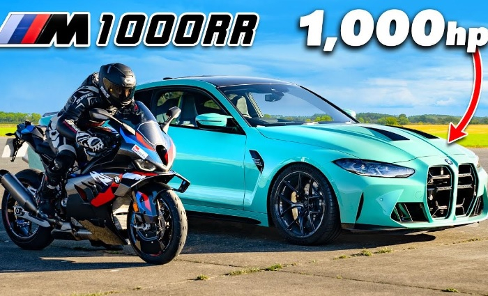 Битка: Супермотоциклет BMW M 1000 RR срещу BMW M4, кой ще победи ВИДЕО