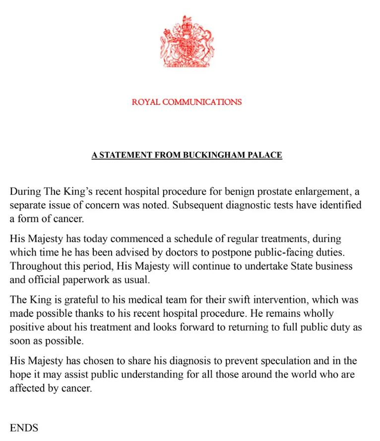 Бъкингамският дворец извънредно: Крал Чарлз III е диагностициран с рак