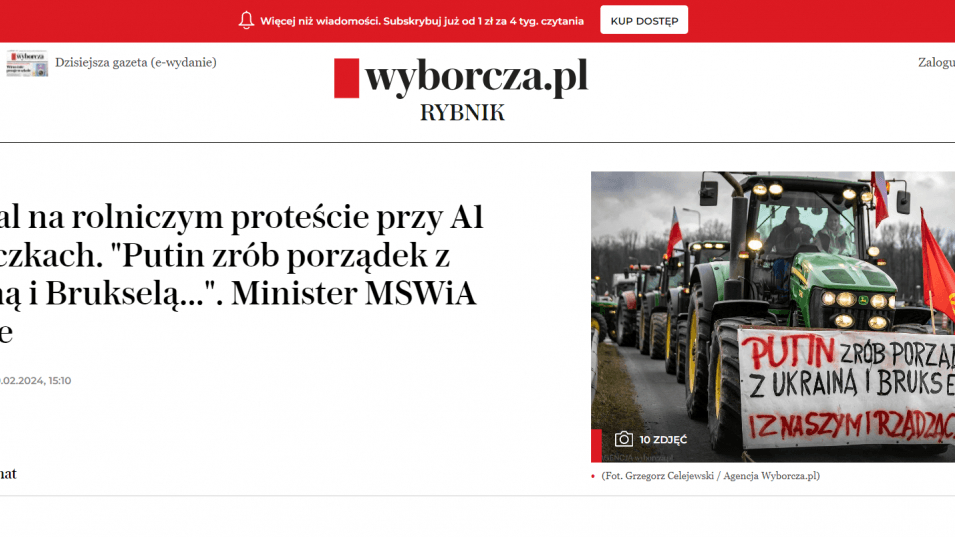 Agencja Wyborcza: Полските фермери шокираха света с искане към Путин