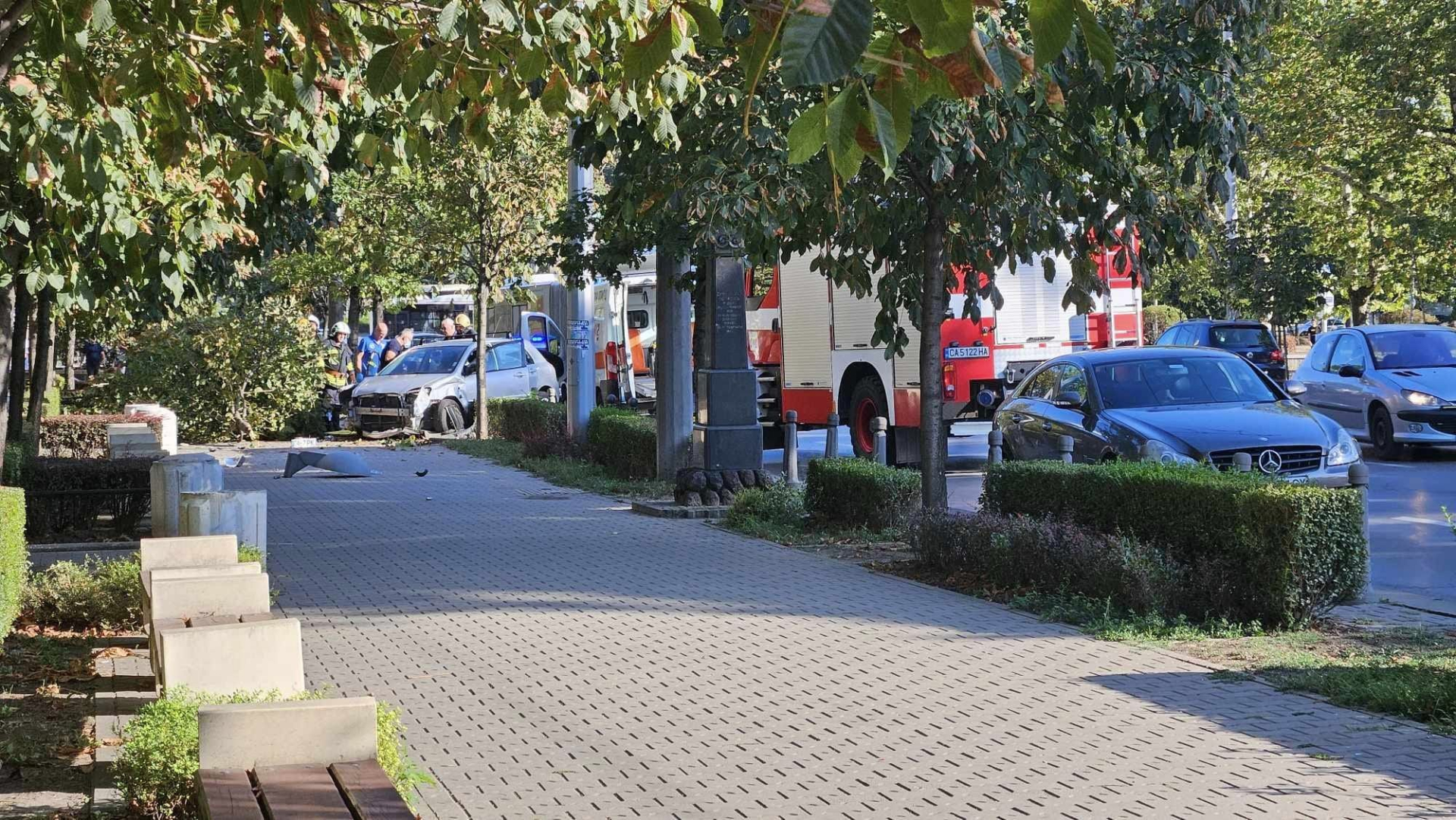 Зверски сблъсък в столицата, кола отсече дърво СНИМКИ