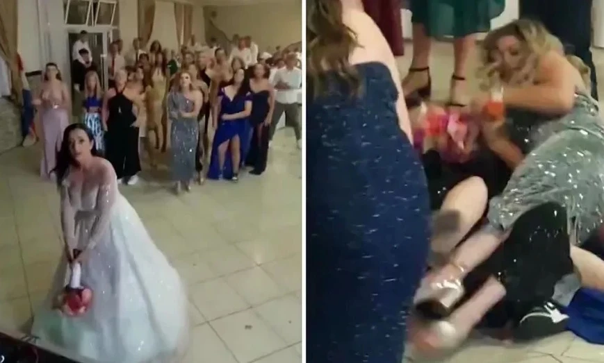 Вижте как 3 жени се сбиха за булчинския букет на сватба ВИДЕО 18+