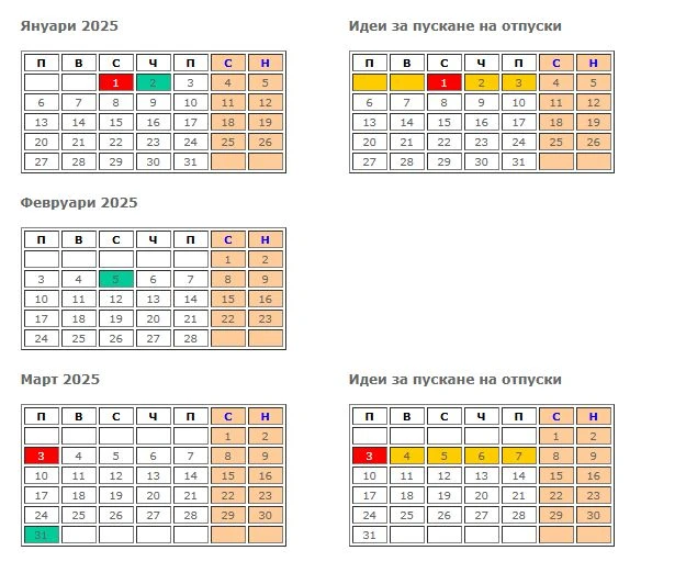 Пълен СПИСЪК на почивните дни през 2025 г., това са вариантите за дълга отпуска 