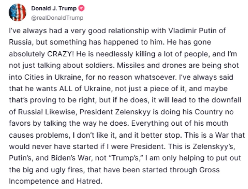 US президентът: Путин е полудял, а Зеленски предизвиква проблеми